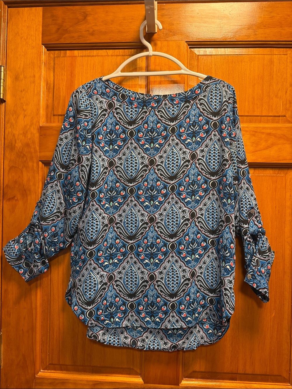 LOFT Blue Patterned Tunic Top with Black and Coral Accents